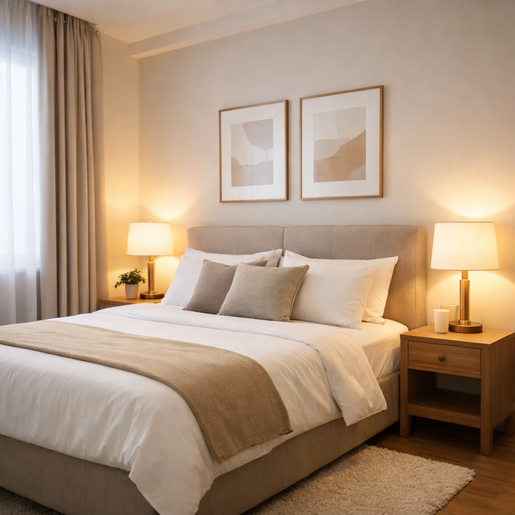 Bright bedroom interior in our Deluxe Suite